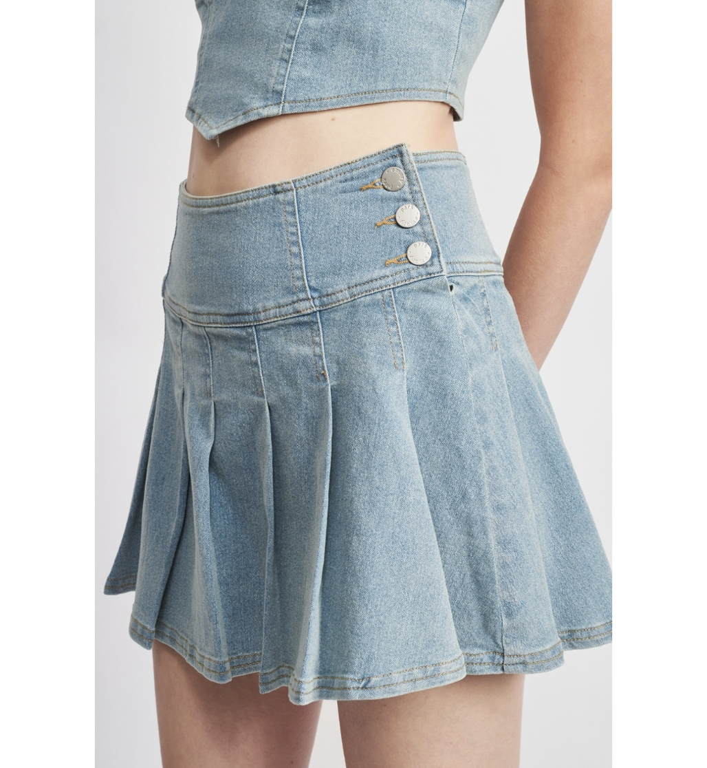ASYOU drop waist pleated denim mini skirt in indigo